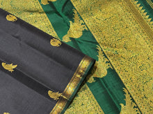Saranga- Gorgeous Black with Dark Emerald Green Small Borders with Bird Buttas Kalakshetra Kili Pallu and Contrast Zari Striped Blouse Handwoven Pure Kanjivaram Silk Saree