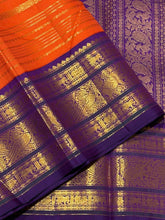 Vaibhogam- Stunning Orange with Purple Handwoven Pure Zari Korvai Kanjivaram Silk with Jari Veldhari woven body with beautiful Varisaipet borders rich pallu and contrast woven blouse