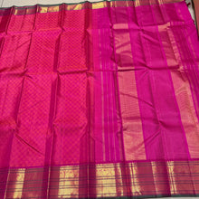 Sahana-Gorgeous Handwoven Pure Jari Kanjivaram Silk in a beautiful light and dark pink shade with paimadi checks woven body rich long and short borders beautiful green selvedges rich seer pallu and contrast woven blouse