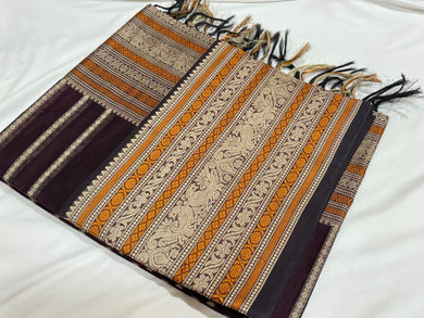Deep Coffee Brown Beldhari Striped Zariless Handwoven Premium Kanjivaram Silkcottons Beauty