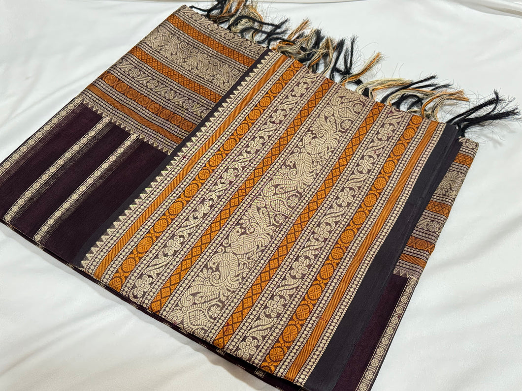 Deep Coffee Brown Beldhari Striped Zariless Handwoven Premium Kanjivaram Silkcottons Beauty