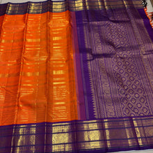 Vaibhogam- Stunning Orange with Purple Handwoven Pure Zari Korvai Kanjivaram Silk with Jari Veldhari woven body with beautiful Varisaipet borders rich pallu and contrast woven blouse