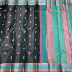 Black with Grey with Multicolored Buttas Handwoven Pure Zariless Soft Kanjivaram Silk Saree Beauty
