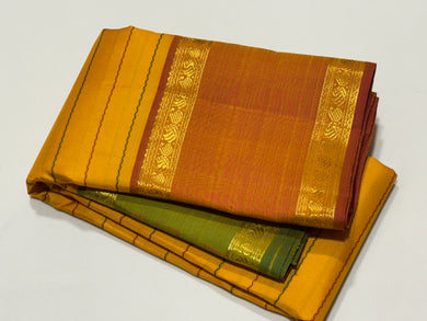 Mustard with Ganga Jamuna Borders with Dual tone Orange mustard Pallu and blouse in a beautiful Neli Veldhari Handwoven Pure Jari Kanjivaram Silk Saree beauty
