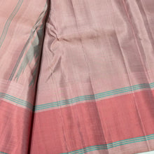 Saraswati-Premium Zariless- Gorgeous Zariless Pure Korvai Kanjivaram Silk with temple borders in a beautiful Grey with Peachish Pink combination with checked body!