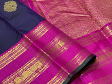 Deep Purplish Navy Blue with Pink Buttas Korvai with Varisaipet Borders Handwoven Pure Jari Kanjivaram Silk Saree Beauty