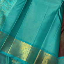 Vaibhogam- Gorgeous Coffee Brown with Turquoise Blue Handwoven Pure Jari Korvai Kanjivaram Silk with Vairaoosi woven body with mayil chakram buttas beautiful rich pallu and contrast oosi woven blouse
