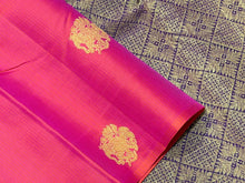 Saranga- Beautiful Dual tone Orange Pink with Deep Beetlenut Purple Handwoven Pure Borderless Pure 2g Jari Kanjivaram Silk with Muthukattam with Elephant buttas woven body with rich pallu and contrast woven blouse