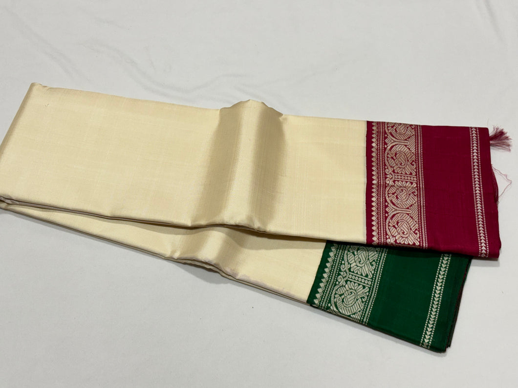 Premium Weave- Offwhite with Ganga Jamuna Korvai Zariless Handwoven Kanjivaram Silk Saree with rich borders classy pallu and contrast woven blouse