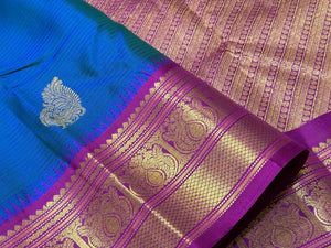 Peacock Blue with Purple Korvai with Buttas and Temples Handwoven Pure Jari Kanjivaram Silk Saree Beauty