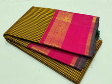 Mustard Yellow with Tomato Pink Checks Handwoven Pure Jari Korvai Kanjivaram Silk Saree Beauty