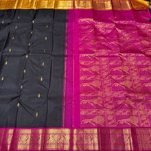 Strikingly Beautiful Black with Ganga Jamuna Borders Handwoven Pure Jari Korvai with Buttas Kanjivaram Silk Saree with intricately woven beautiful borders gorgeous dancing women woven pallu and contrast woven blouse