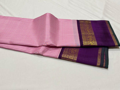 Pink and Purple Checks Handwoven Pure Jari Korvai Kanjivaram Silk Saree Beauty