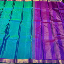 Dual tone Peacock Blue Green with Purple Handwoven Pure Kanjivaram Silk Saree Small Borders Beauty