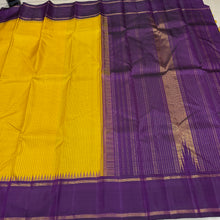 Sarasangi- Gorgeous Yellow with Purple Handwoven Pure Jari Korvai Podikattam Woven Kanjivaram Silk with beautiful rettapet borders rich seer pallu and contrast woven purple blouse