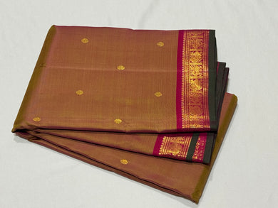 Dual tone Beige Short Sampanga with Reddish Pink Buttas Handwoven Pure Jari Kanjivaram Silk Saree Beauty