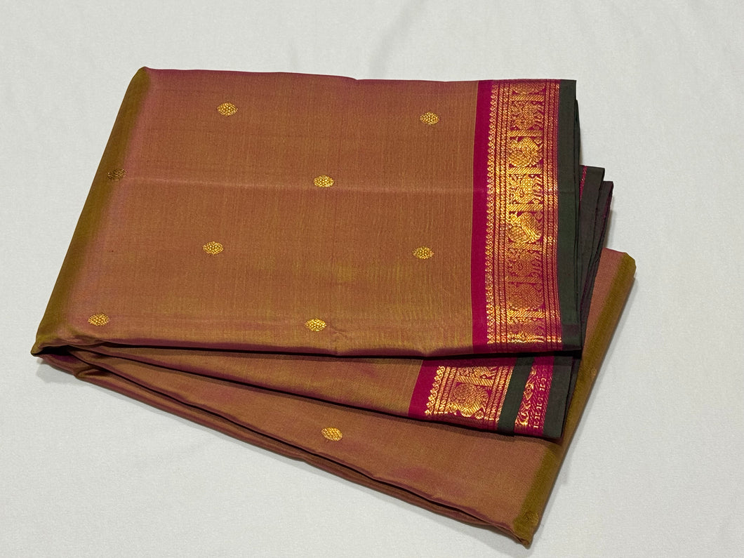 Dual tone Beige Short Sampanga with Reddish Pink Buttas Handwoven Pure Jari Kanjivaram Silk Saree Beauty