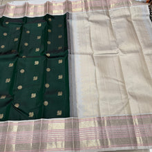 Vaibhogam-Gorgeous Bottle Green with Offwhite Handwoven Pure Jari with Mayil Chakram Buttas Korvai Kanjivaram Silk with  rich meenakari work woven beautiful borders rich woven pallu and contrast woven blouse