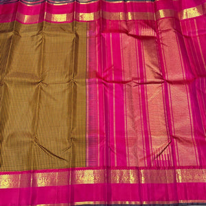 Mustard Yellow with Tomato Pink Checks Handwoven Pure Jari Korvai Kanjivaram Silk Saree Beauty