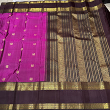 Gorgeous Deep Magenta with Coffee Brown Handwoven Pure Jari Kanjivaram Silk with rich buttas woven body beautifully woven borders pallu with meenakari weave and contrast woven blouse