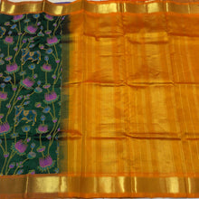 Bottle Green Mustard Handwoven Pure Kanjivaram Silkcotton with Hand Pichwai Block Printed Saree Beauty