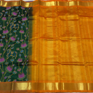 Bottle Green Mustard Handwoven Pure Kanjivaram Silkcotton with Hand Pichwai Block Printed Saree Beauty