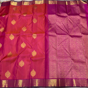 Dual tone Orange with Pink Handwoven Pure Jari Buttas Kanjivaram Silk Saree