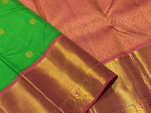 Bright Parrot Green with Coral Pink Handwoven Pure Jari Korvai Kanjivaram Silk Saree with Buttas woven body rich borders pallu and contrast woven blouse beauty