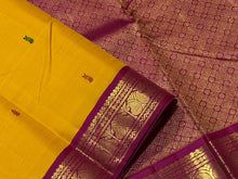 Vaibhogam- Gorgeous Mustard with Magenta and Bottle Green Handwoven Pure Jari Korvai Kanjivaram Silk with thread buttas woven body with beautiful ganga jamuna borders rich pallu and contrast woven blouse