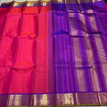Dual tone Orange Pink with Purple Handwoven Pure Jari Kanjivaram Silk Saree with rich borders with green selvedges rich Pallu and contrast woven blouse