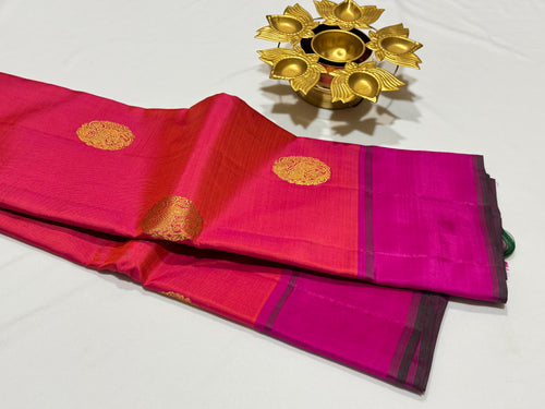 Orange with Fuchsia Pink Buttas Handwoven Pure Jari Kanjivaram Silk Saree with rich pallu and contrast blouse beauty