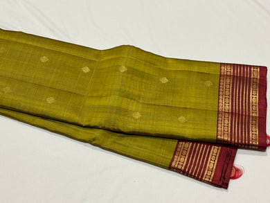 Olive Green with Deep Reddish Maroon Buttas with Intricate Borders Handwoven Pure Lighter Kanjivaram Silk Saree beauty
