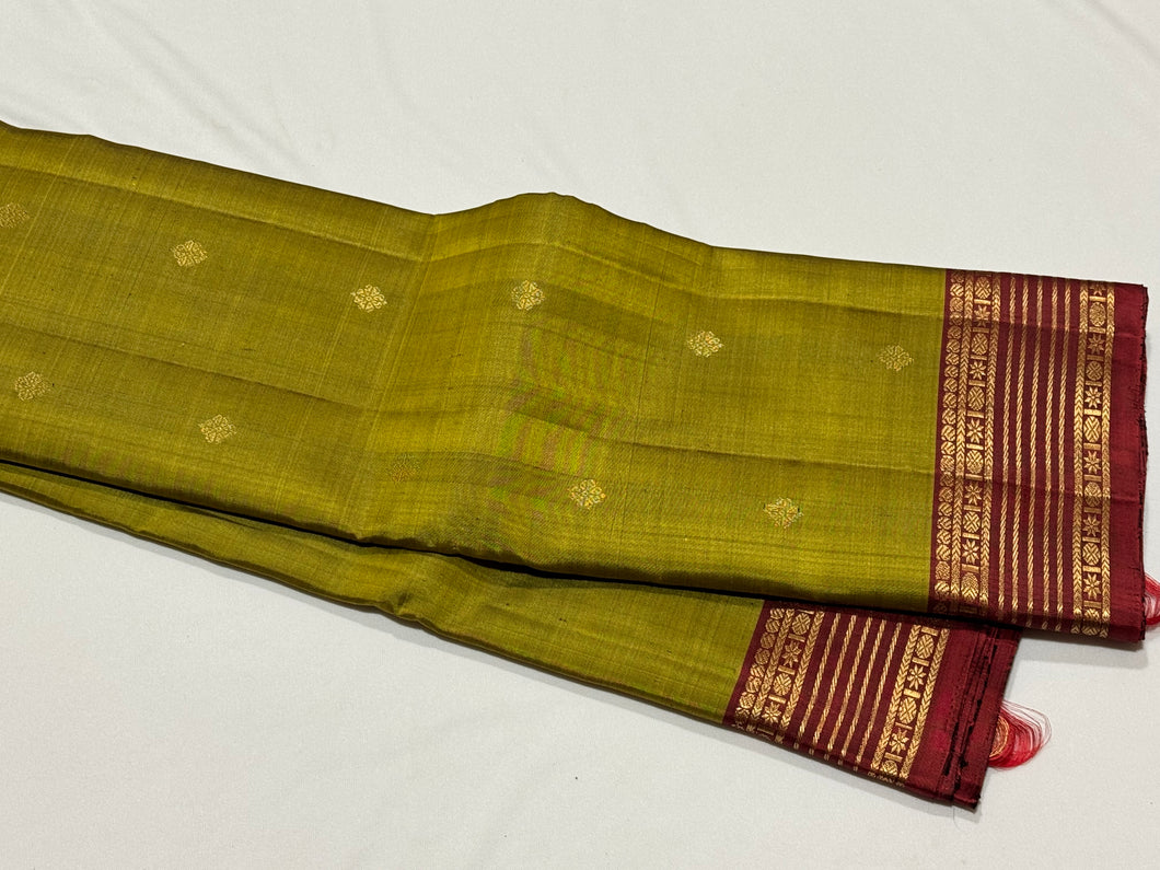 Olive Green with Deep Reddish Maroon Buttas with Intricate Borders Handwoven Pure Lighter Kanjivaram Silk Saree beauty