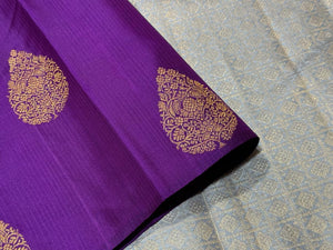 Purple with Greyish Blue Borderless muthukattam with buttas Handwoven Pure Jari Kanjivaram Silk Saree Beauty