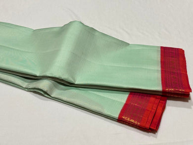 Pista Green with Orange Pink Korvai Handwoven Pure Jari Kanjivaram Silk Saree with Vairaoosi Body small 2.5 inch borders rich pallu beauty