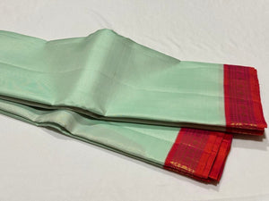 Pista Green with Orange Pink Korvai Handwoven Pure Jari Kanjivaram Silk Saree with Vairaoosi Body small 2.5 inch borders rich pallu beauty
