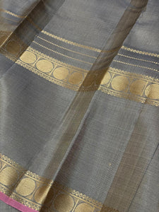 Ivory Cream with Grey Handwoven Pure Zariless 1000 Buttas Style Checked Soft Kanjivaram Silk Saree with Doublepet rudrakshas borders beauty