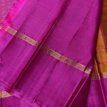 Sahana- Beautiful Honey Mustard with Magenta Handwoven Pure Kanjivaram Silk with Checked 1000 buttas style woven body with rich lakshadeepam style woven pallu and contrast woven blouse