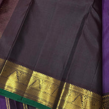 Deep Purple with Coffee Brown Buttas Handwoven Pure Jari Kanjivaram Silk Saree with beautiful buttas with green selvedges rich pallu and contrast woven blouse