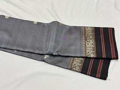 Premium Zariless Weave- Grey with Black Handwoven Pure Zariless Kanchipuram Silk with Deer Rudrkasham Peacock 5 different buttas woven body with rich borders Sorgavasal Pallu and Contrast woven blouse beauty