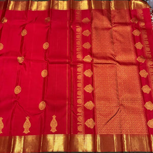 Red with Green Handwoven Pure Jari Kanjivaram Silk Saree with Buttas woven in muthukattam body with rich pallu and contrast Emerald Green Blouse beauty