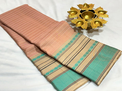 Peach with Cream Handwoven Pure Zariless Soft Kanjivaram Silk Saree with Striped body