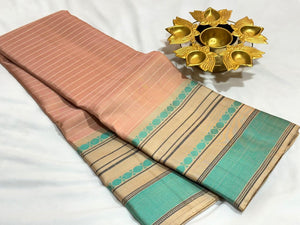 Peach with Cream Handwoven Pure Zariless Soft Kanjivaram Silk Saree with Striped body