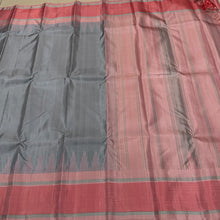Saraswati-Premium Zariless- Gorgeous Zariless Pure Korvai Kanjivaram Silk with temple borders in a beautiful Grey with Peachish Pink combination with checked body!