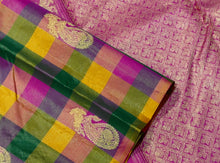 Saranga- Palum Pazhamum Checks with Buttas Vairaoosi Handwoven Pure Jari Borderless Kanjivaram Silk with rich pallu with Kalakshetra kili woven and contrast jari buttas woven blouse