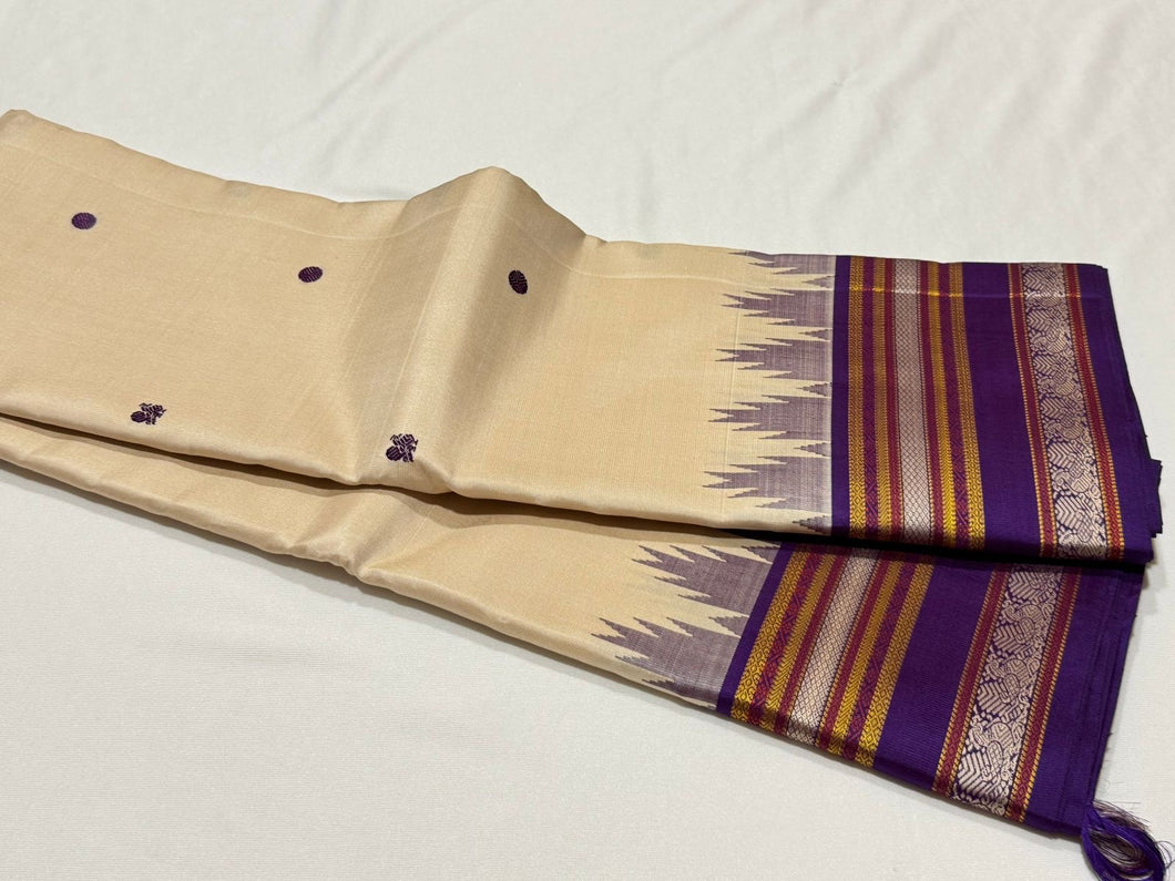 Offwhite with Purple Buttas Handwoven Pure Zariless Korvai Kanjivaram Silk Saree with temple borders beauty
