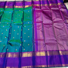 Peacock Bluish Green with Purple Buttas with Rettapet Borders Handwoven Pure Jari Kanjivaram Silk Saree Beauty