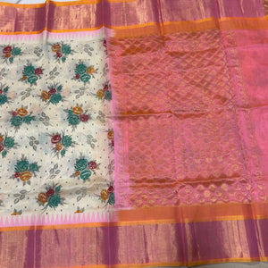 Offwhite with Peachish Orange Korvai with Handpinchwai Block Printed Kanjivaram Silkcotton Beauty