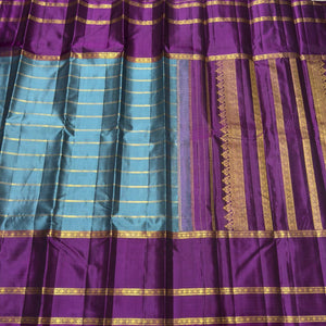 Teal blue with deep wine Beldhari Stripes with Long Bordered Handwoven Pure Jari Kanjivaram Silk Saree Beauty