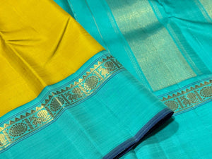 Lemon Sampanga with Turquoise Handwoven Pure Jari Korvai Kanjivaram Silk Saree Beauty
